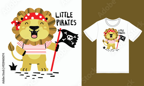 Cute lion pirates illustration with tshirt design premium vector