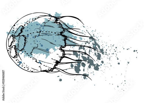 Jellyfish medusa splash Marine life, ocean underwater creature animal, Ink and pen sketch hand drawn. Single object illustration, stylized, isolated on white. Zoo shop, aquarium, cosmetics, resort
