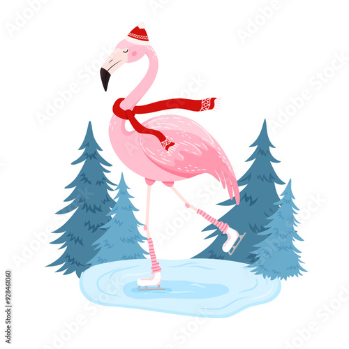 Cute  Christmas Flamingo in ice skates in flat style for holiday designs banner, cover, advertisement, greeting card. Vector illustration of Christmas. Concept of Christmas and New Year