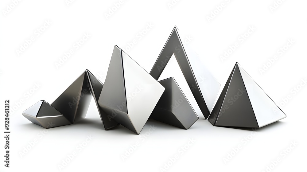 44. Geometric shapes with smooth surfaces and sharp angles arranged in a modern 3D design isolated on white. 44. Geometric shapes with smooth surfaces and sharp angles arranged in a modern 3D design isolated on white.