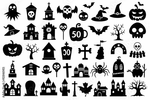 A set of Halloween silhouette elements on a white background. Set of icons for celebration. Vector illustration