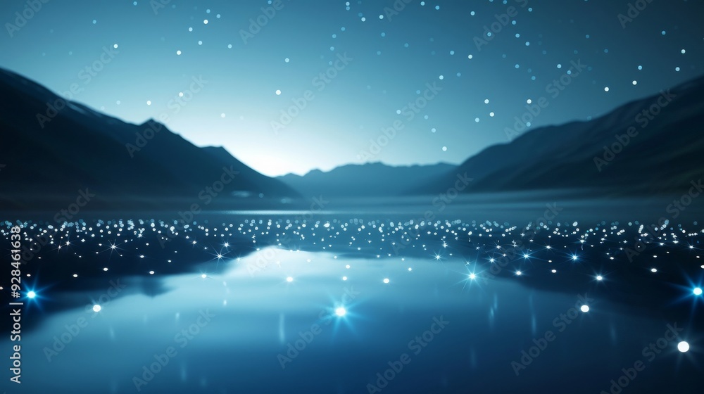 Fototapeta premium A tranquil night scene featuring a shimmering lake under a starry sky, reflecting the serene beauty of nature.