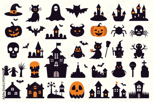 A set of Halloween silhouette elements on a white background. Set of icons for celebration. Vector illustration