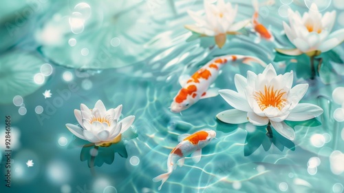 A tranquil scene of koi fish swimming among white lotus flowers in serene water, creating a peaceful aquatic atmosphere.