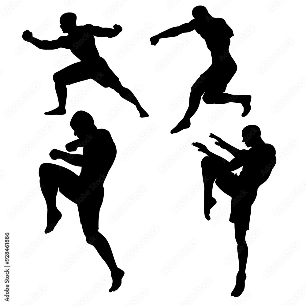 Fototapeta premium Silhouette Fighter Set Boxing, Muay Thai, Kung Fu, Jiu Jitsu Vector Art Illustration