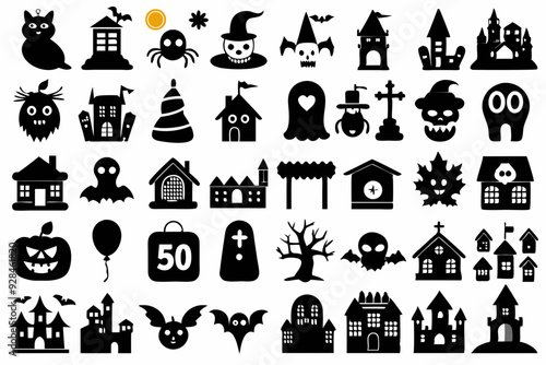 A set of Halloween silhouette elements on a white background. Set of icons for celebration. Vector illustration