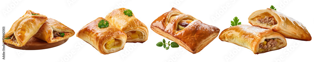 A set of Assorted pastries with golden, flaky crusts, filled with different savory ingredients cut out transparent isolated on white background PNG A set of Assorted pastries with golden, flaky crusts, filled with different savory ingredients cut out transparent isolated on white background PNG