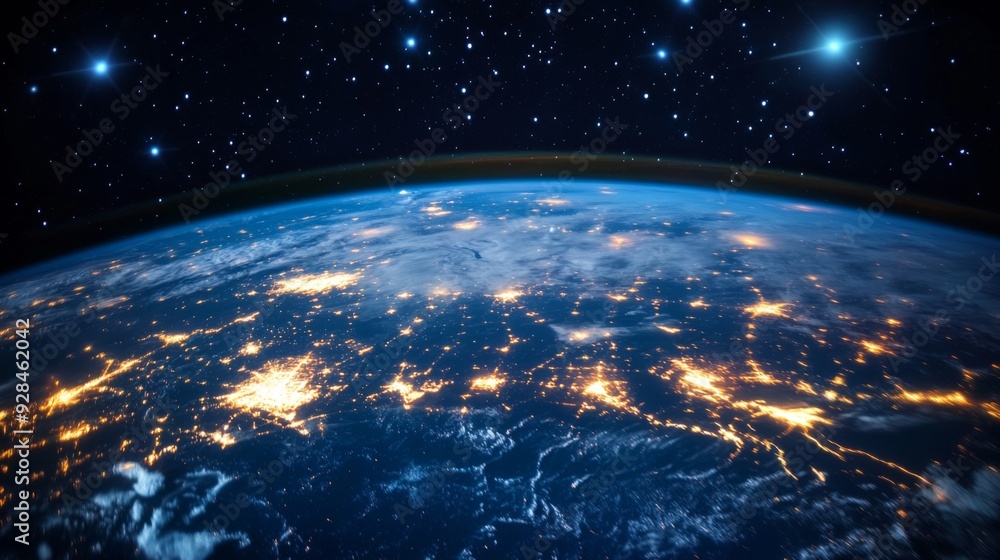Obraz premium Earth at Night with Stars and City Lights.