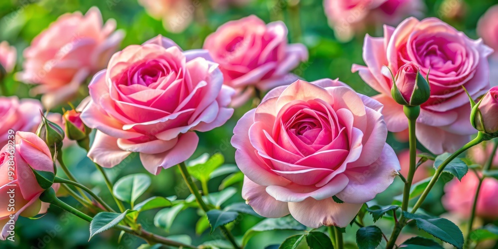 Delicate, velvety pink hybrid tea rose Aphrodite flowers bloom in a lush garden setting, perfect for romantic postcards, elegant invitations, and beautiful decorations. Delicate, velvety pink hybrid tea rose Aphrodite flowers bloom in a lush garden setting, perfect for romantic postcards, elegant invitations, and beautiful decorations.