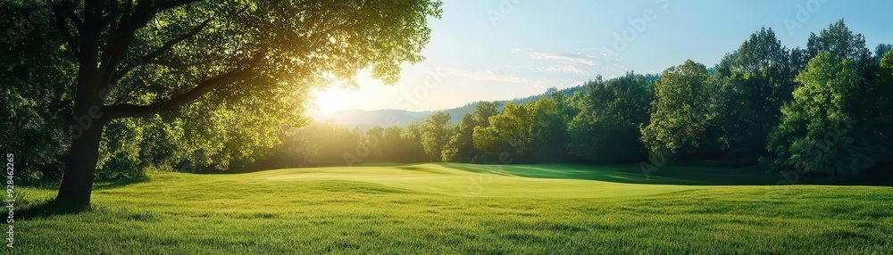 A serene landscape featuring lush greenery, trees, and a glowing sun illuminating the peaceful meadow. A serene landscape featuring lush greenery, trees, and a glowing sun illuminating the peaceful meadow.