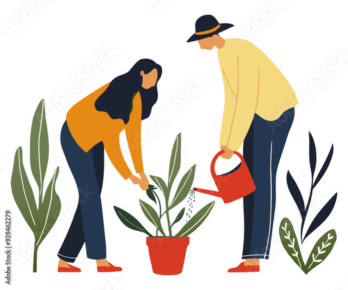 Boy and Girl Watering Plants Together with Care and Joy | Nature and Gardening Design | Flat Vector Illustration