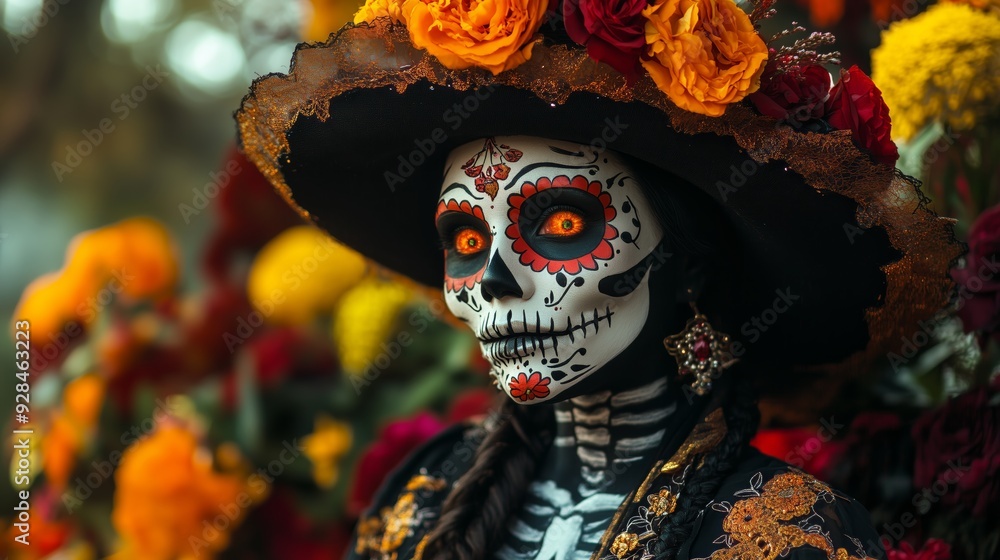 Day of the Dead Woman with Skull Face Paint and Charro Hat Day of the Dead Woman with Skull Face Paint and Charro Hat