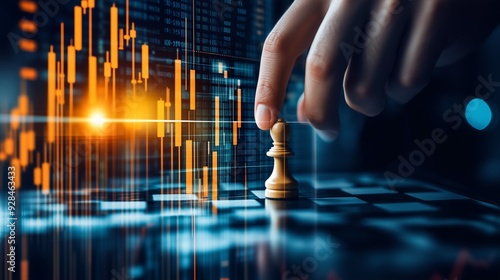 Hand placing a pawn on a chessboard made of stock market graphs, [market strategy], [decision-making in volatile stock markets]