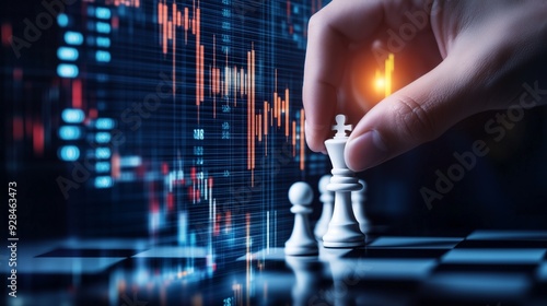Hand placing a pawn on a chessboard made of stock market graphs, [market strategy], [decision-making in volatile stock markets]