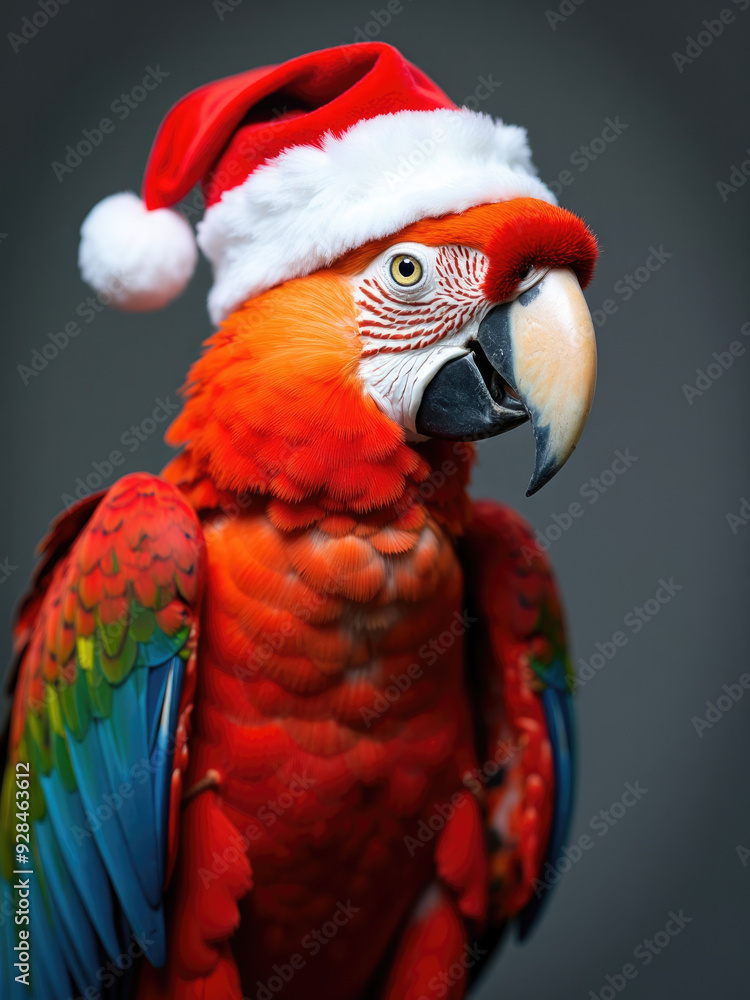 Fototapeta premium A brilliantly colored macaw parrot, prominently wearing a Santa hat, captured with sharp details against a contrasting background, creating a festive and eye-catching image.