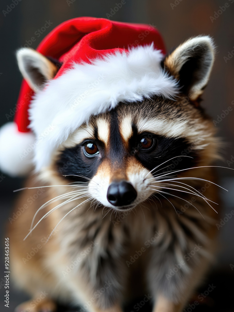 A raccoon dressed in a festive Santa hat, showcasing a curious demeanor, highlighted by a soft, blurred background that accentuates the subject's features. A raccoon dressed in a festive Santa hat, showcasing a curious demeanor, highlighted by a soft, blurred background that accentuates the subject's features.