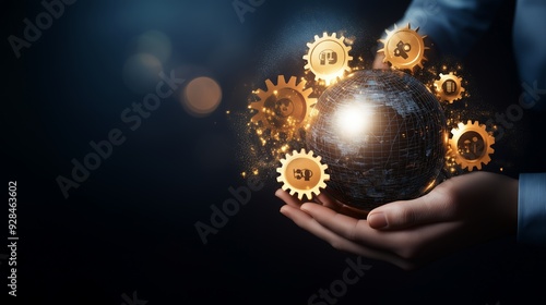 Hands holding gears forming a globe, surrounded by fluctuating economic indicators, [global strategy], [strategic integration in the global economy]