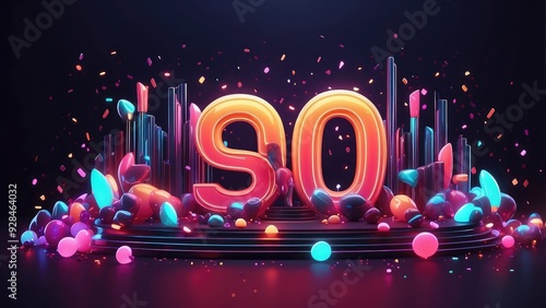 Celebration banner for reaching 90 followers on a dark backdrop with neon glow lighting: a 3D render idea photo