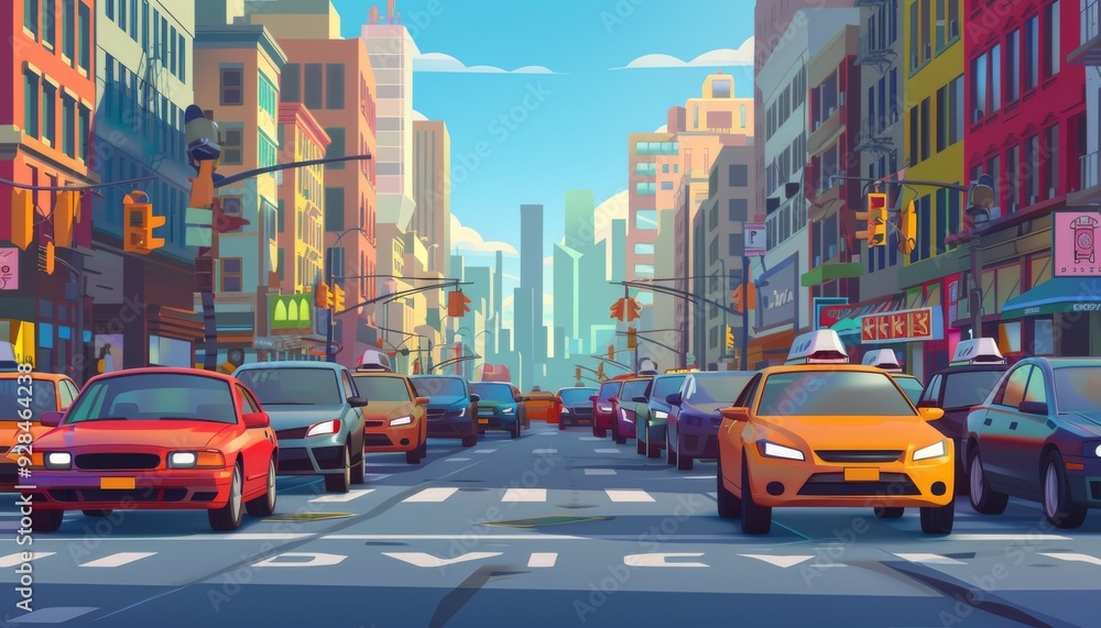 Obraz premium Sunny day in the city. Vibrant new york city street. Colorful urban landscape. Cartoon 2d cityscape illustration background.