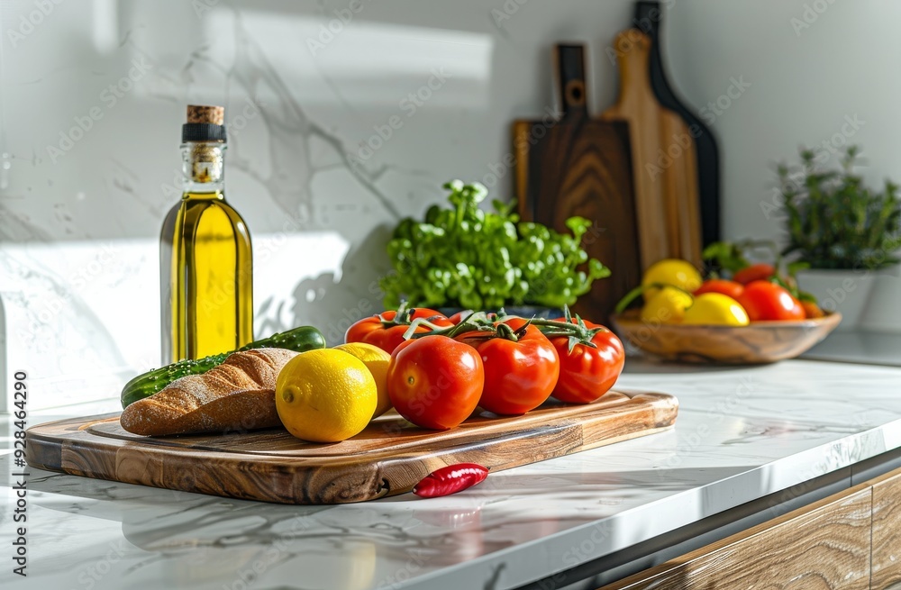 Modern white kitchen with wood accents, marble countertop, wooden breadboard with vegetables, and minimalist decor. Modern white kitchen with wood accents, marble countertop, wooden breadboard with vegetables, and minimalist decor.