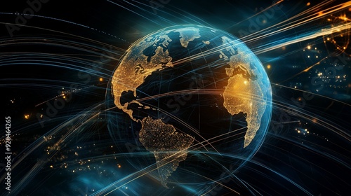 Earth with overlaid economic zones and trading routes, [global economy], [strategic planning in international trade