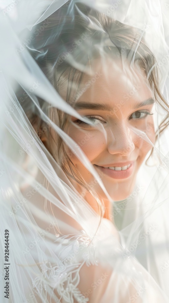 The bride beams happily, her face partially hidden by a delicate veil as she enjoys a joyful moment on her special day The bride beams happily, her face partially hidden by a delicate veil as she enjoys a joyful moment on her special day