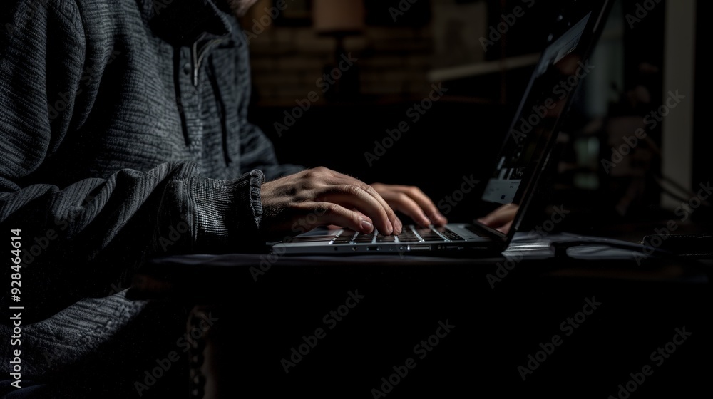 a man typing keyboard on labtop, side view, dramatic lighting, dark background a man typing keyboard on labtop, side view, dramatic lighting, dark background