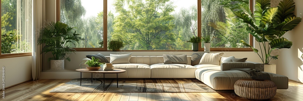 Scandinavian-style white living room with wooden floor, sofa by a window overlooking trees, modern home entryway design. Scandinavian-style white living room with wooden floor, sofa by a window overlooking trees, modern home entryway design.
