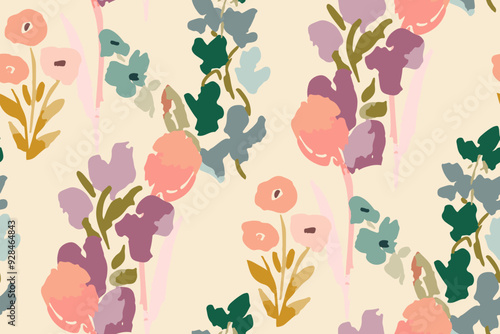 Abstract floral seamless pattern. Bright colors, gouache painting.hand drawn, not AI