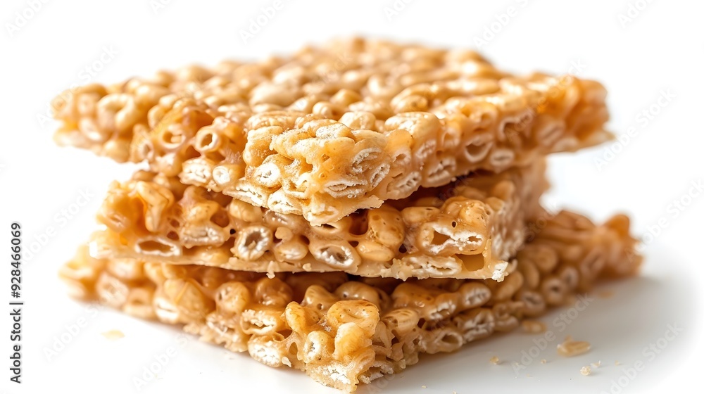 Stacked Crispy Rice Cereal Treats on White Background Sweet Snack Concept Stacked Crispy Rice Cereal Treats on White Background Sweet Snack Concept