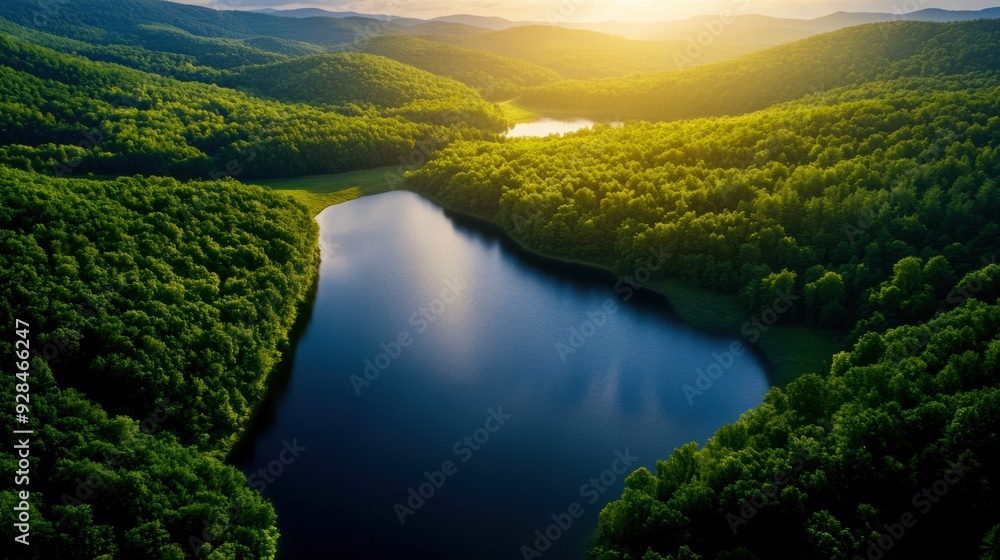 Aerial view of a vibrant green forest with a serene lake at sunrise, showcasing the beauty of nature and tranquil landscapes. Aerial view of a vibrant green forest with a serene lake at sunrise, showcasing the beauty of nature and tranquil landscapes.