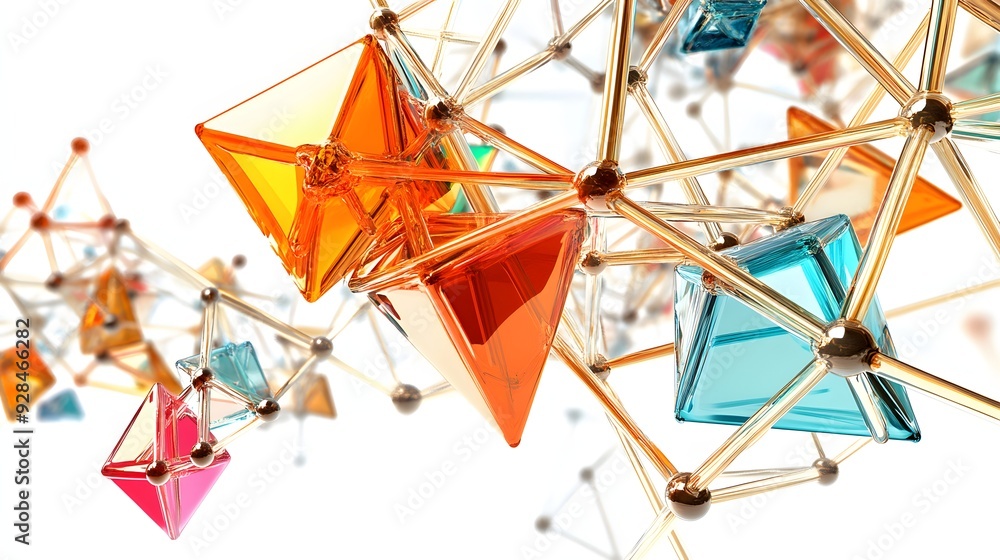 28. Floating geometric prisms and interconnected shapes forming a complex 3D arrangement against white. 28. Floating geometric prisms and interconnected shapes forming a complex 3D arrangement against white.