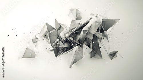 28. Floating geometric prisms and interconnected shapes forming a complex 3D arrangement against white.