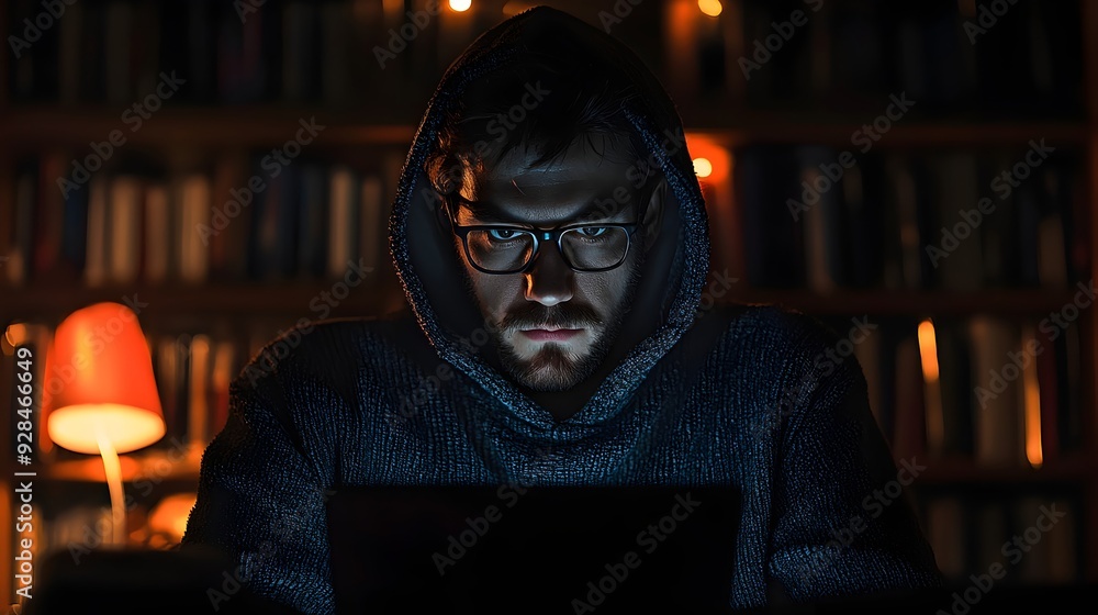 Man sitting in front of a laptop at night, and intense eyes. Man sitting in front of a laptop at night, and intense eyes.