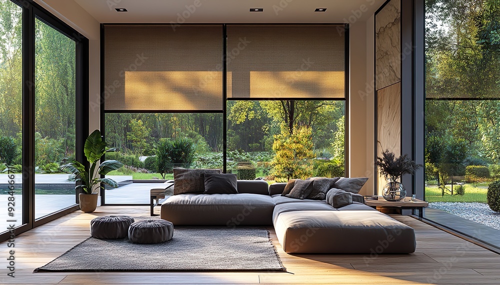 Fototapeta premium Modern Interior Design: Automatic Solar and Blackout Shades with Wood Decor
