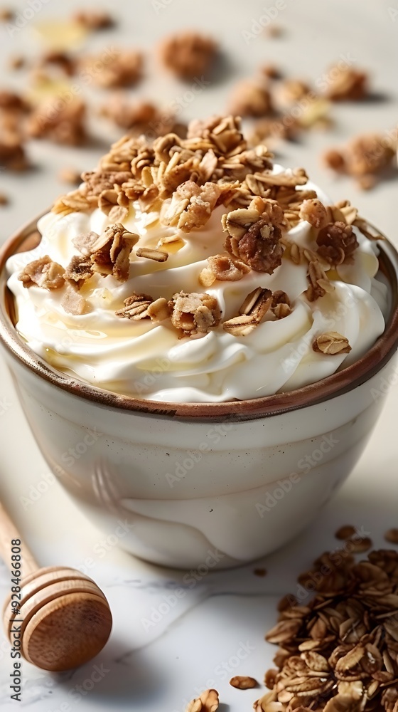Creamy Vanilla Yogurt with Granola and Honey Dessert on White Background Creamy Vanilla Yogurt with Granola and Honey Dessert on White Background