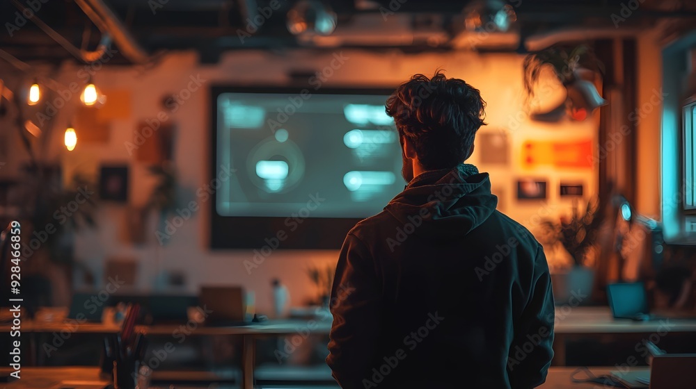 Man Looking at Screen in a Creative Office. Man Looking at Screen in a Creative Office.