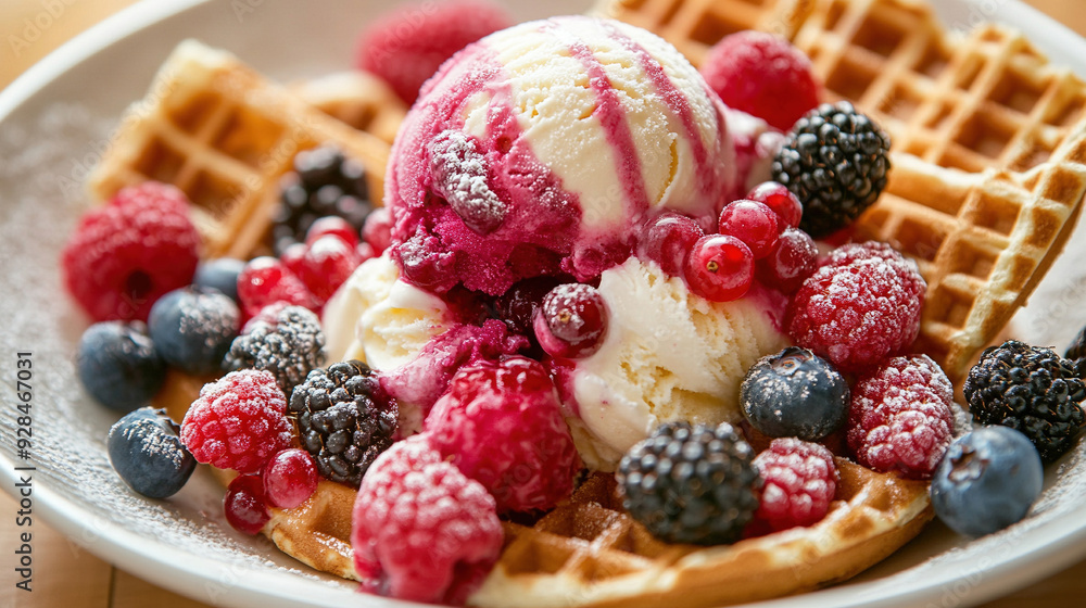 A luxurious ice cream sundae with vanilla flavor and waffle food photography concept. A luxurious ice cream sundae with vanilla flavor and waffle food photography concept.