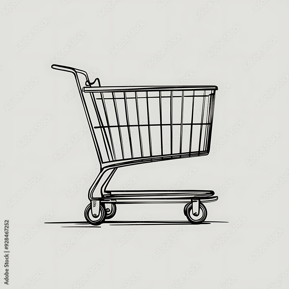 , black and white line drawing of a shopping cart icon. The design should be minimalistic with clean lines, showing a sideview of a shopping cart with four wheels, a basket, and a handle.Less
, black and white line drawing of a shopping cart icon. The design should be minimalistic with clean lines, showing a sideview of a shopping cart with four wheels, a basket, and a handle.Less