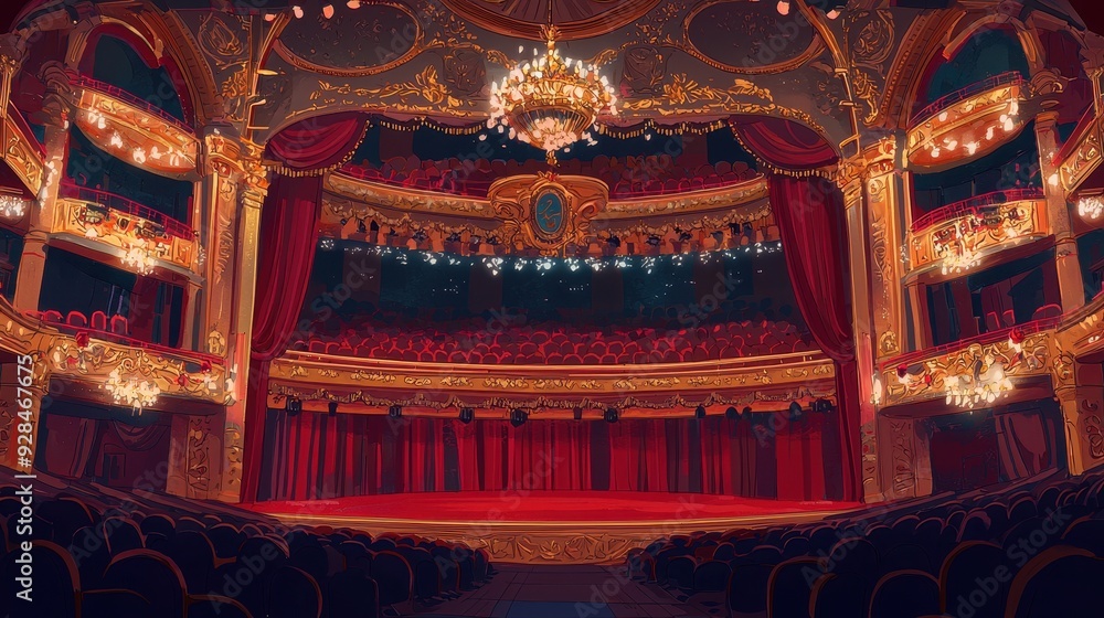 Fototapeta premium Detailed illustration of a grand opera house interior with plenty of space for event details.