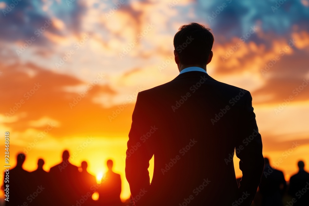 Business professional in a suit standing against a vibrant sunset with multiple figures in the background, symbolizing leadership and vision. Business professional in a suit standing against a vibrant sunset with multiple figures in the background, symbolizing leadership and vision.