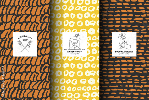 vector illustration set of templates contemporary abstract cover and patterns for honey packaging with labels. minimal modern backgrounds
