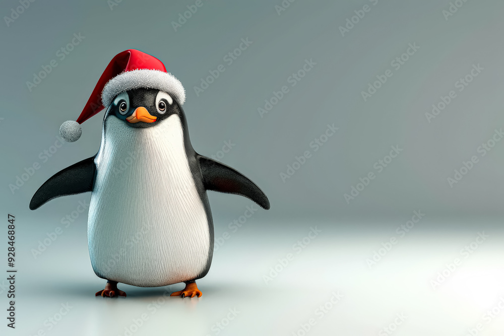 Obraz premium A penguin wearing a red hat and a white Christmas hat. Perfect for adding a festive and adorable touch to holiday-themed designs.