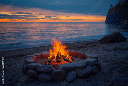 Campfire at the beach, bonfire on the sea coast