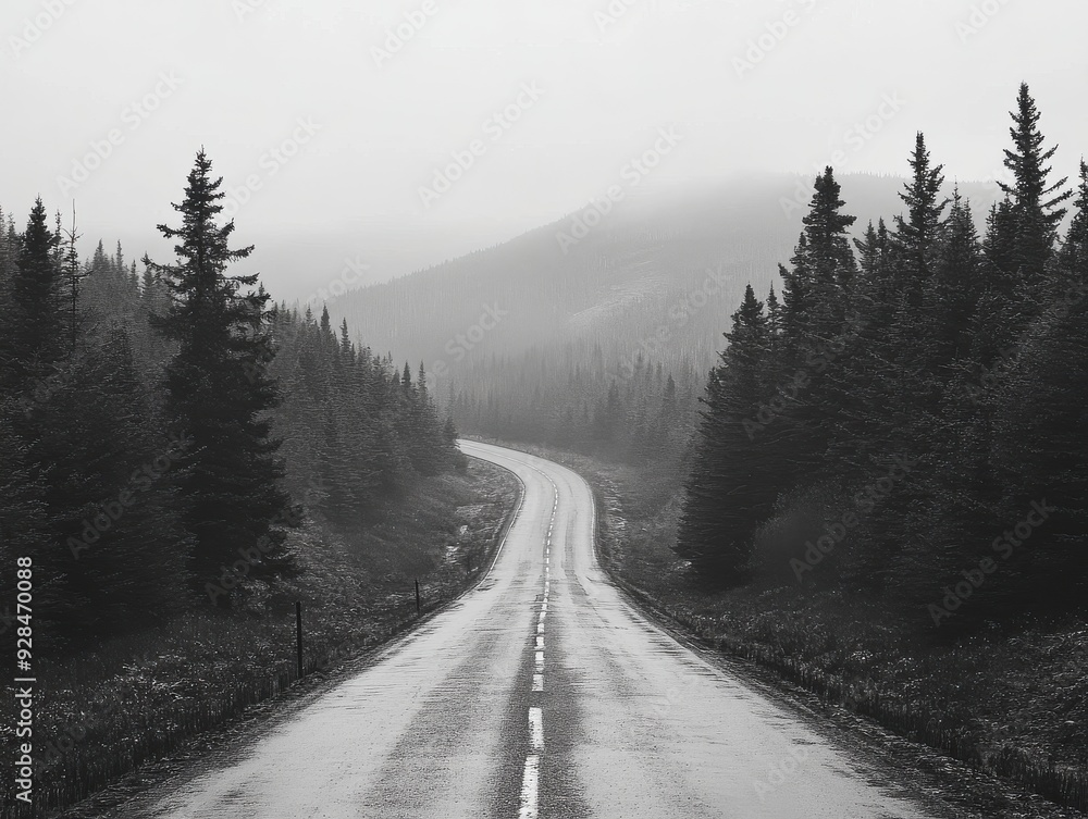 Long stretch of highway bordered by dense pine forest, sense of vastness and solitude. Long stretch of highway bordered by dense pine forest, sense of vastness and solitude.