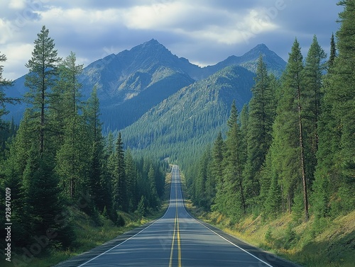 Long stretch of highway bordered by dense pine forest, sense of vastness and solitude.