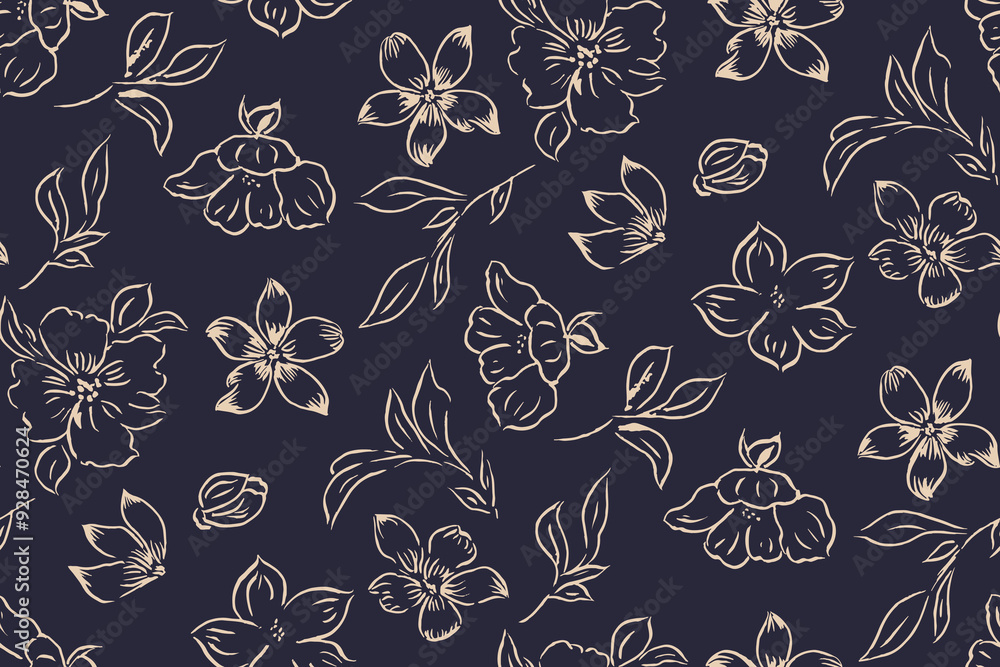 Simple monochrome two-color seamless pattern with flowers silhouette.
Simple monochrome two-color seamless pattern with flowers silhouette.