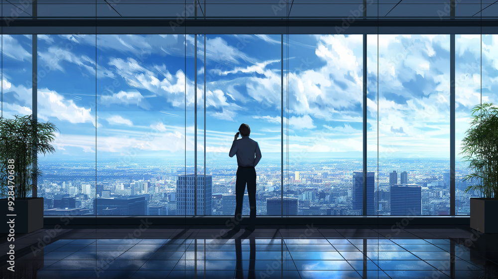 a businessman standing by a large office window, engaged in a phone call. The view outside shows a bustling city, while the interior reflects a calm, professional atmosphere. a businessman standing by a large office window, engaged in a phone call. The view outside shows a bustling city, while the interior reflects a calm, professional atmosphere.