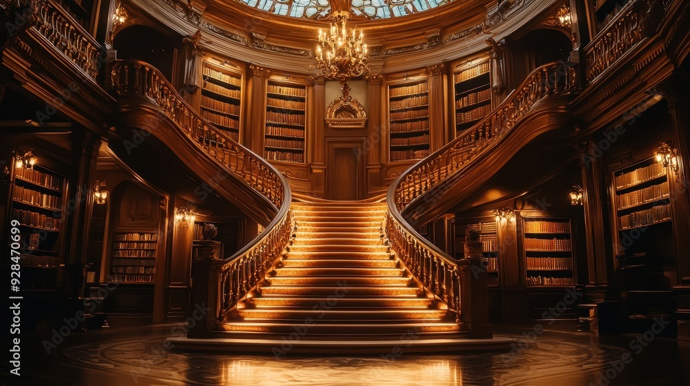 Obraz premium Elegant library with grand staircase and ornate ceiling, warm lighting