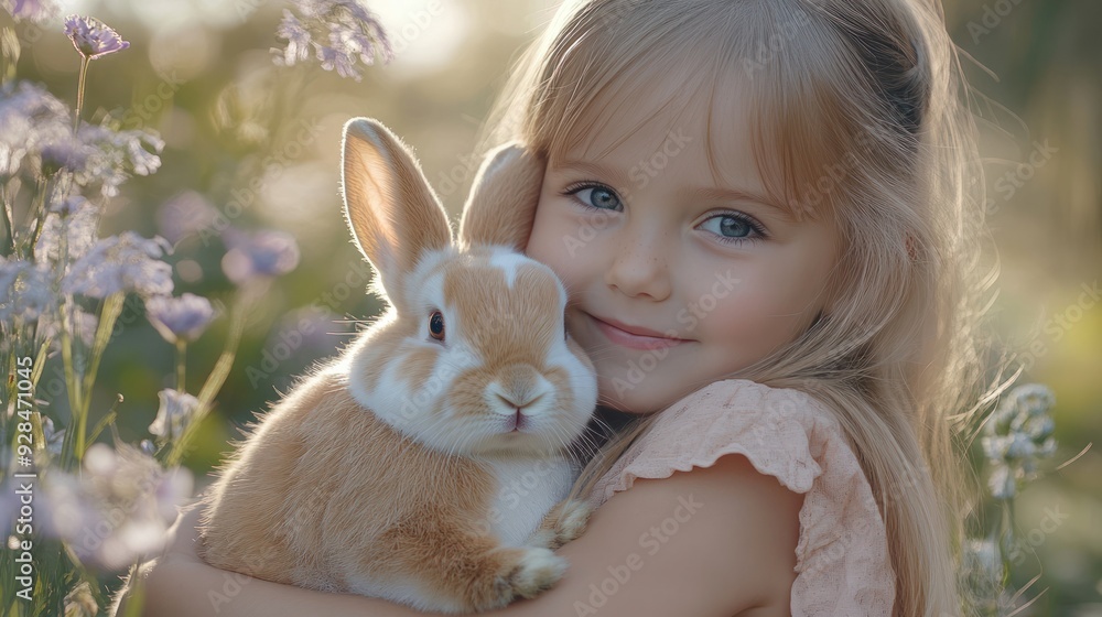 A young girl cuddling a fluffy rabbit in a garden, illustrating the tender connection between children and their pets in a natural setting. A young girl cuddling a fluffy rabbit in a garden, illustrating the tender connection between children and their pets in a natural setting.